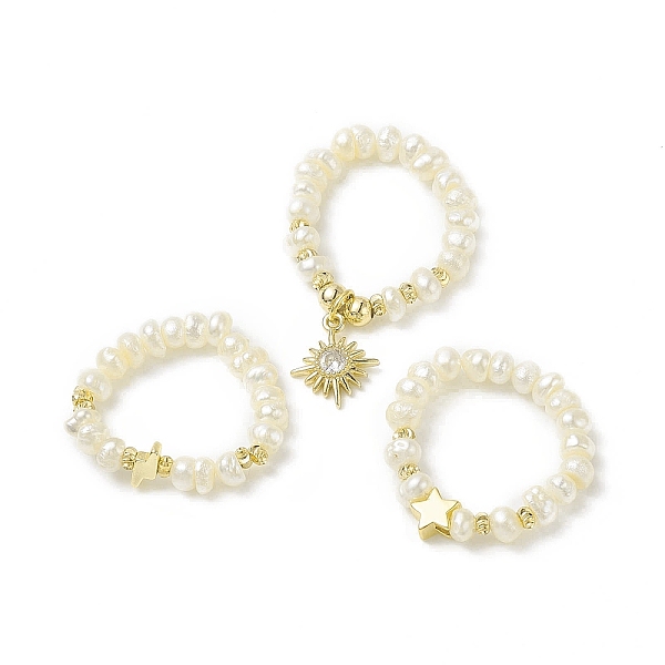 

PandaHall 3Pcs 3 Style Natural Pearl & Synthetic Hematite Stretch Rings Set, Brass Star & Lightning & Star Charms Stackable Rings for Women...
