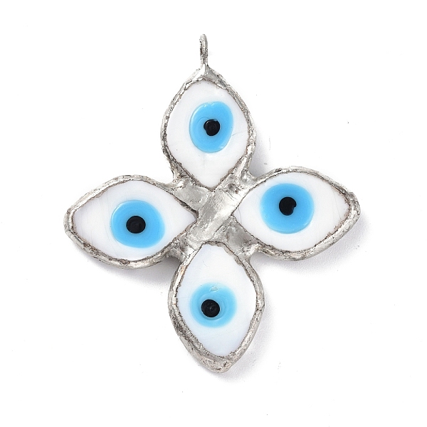 

PandaHall Handmade Lampwork Big Pendants, with Eco-friendly Platinum Tone Tin Findings, Cadmium Free & Lead Free, 4-Petal Flower with Evil..., White
