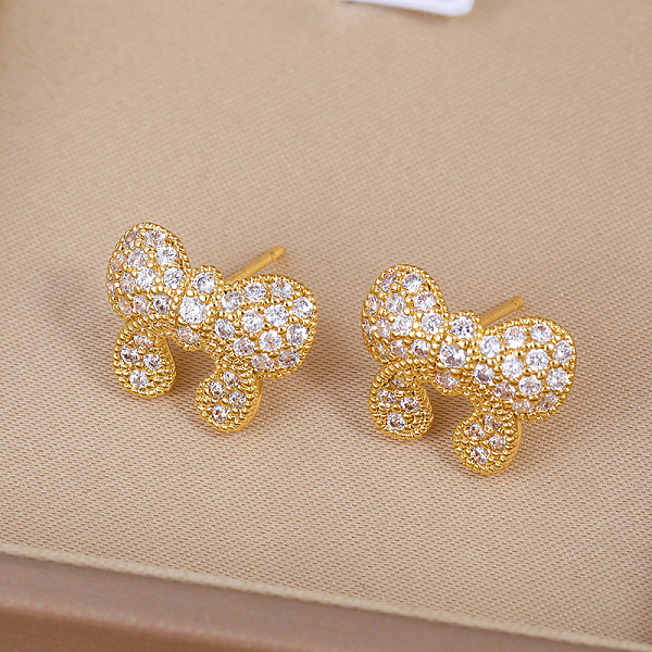 Elegant Brass Pave Clear Cubic Zirconia Bowknot Stud Earrings
