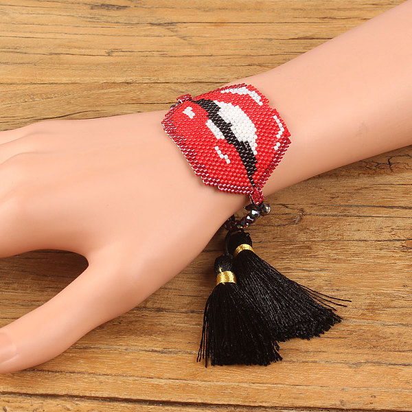 

PandaHall Miyuki Seed Braided Bead Bracelet with Double Tassel, Sexy Lip Friendship Bracelet for Women, Red, 11 inch(28cm) Glass Red