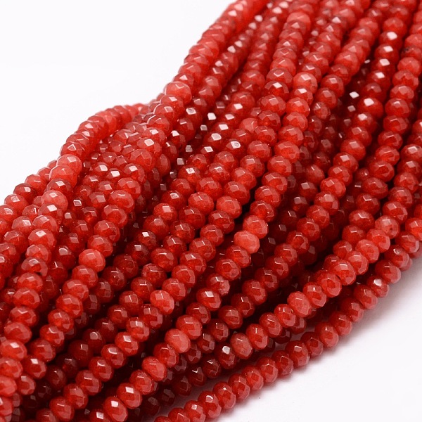 

PandaHall Dyed Natural Malaysia Jade Rondelle Beads Strands, Faceted, Red, 4x2~3mm, Hole: 1mm, about 115pcs/strand, 14 inch Malaysia Jade...