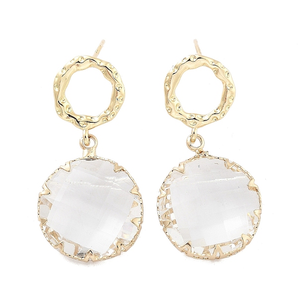 

PandaHall Brass Dangle Stud Earrings, Clear Glass Flat Round Drop Earrings, Golden, 33x16.5mm Glass Flat Round