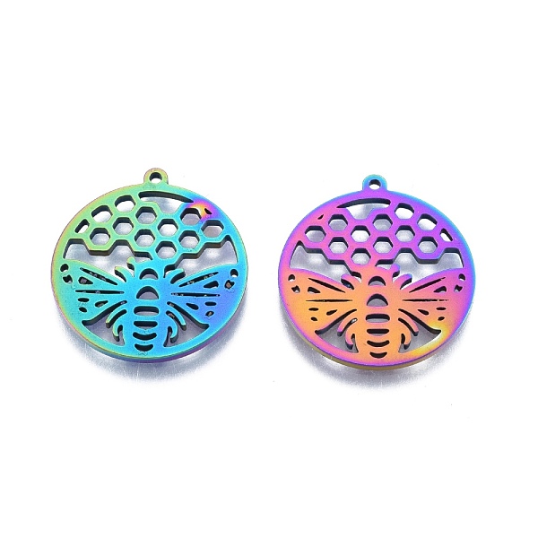 

PandaHall Ion Plating(IP) 201 Stainless Steel Pendant, Hollow Charms, Flat Round with Bee, Rainbow Color, 27x25x1.5mm, Hole: 1.4mm 201...
