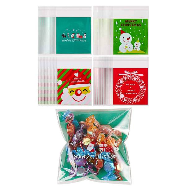 PandaHall 400 Pcs 4 Styles Self-Adhesive Christmas Candy Bags, Plastic Bags, for Cookie Candy Chocolate Party Gift Supplies, Mixed Patterns...