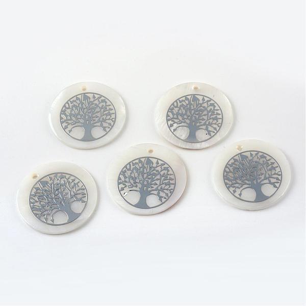 

PandaHall Sea Shell Pendants, with Tree Pattern, Flat Round, Platinum, 25~25.5x1.5~2mm, Hole: 1.5mm Other Sea Shell Flat Round