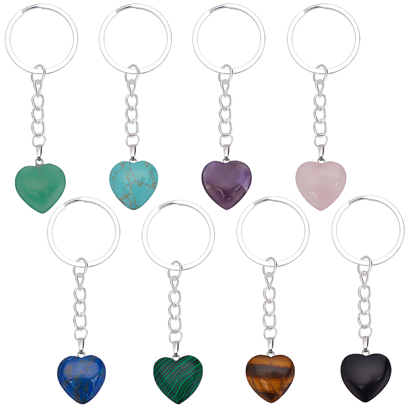 

PandaHall 8Pcs Heart Gemstone Pendant Keychain, with Iron Findings, 8.3cm Mixed Stone Heart