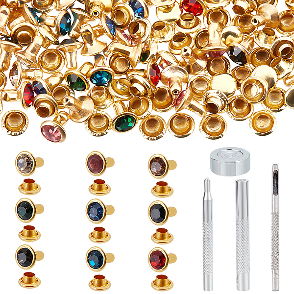 

PandaHall 90 Pcs Round Brass Rivets, Semi-Tublar Rivets Brass Crystal Rivets Studs with Steel Hole Punch Tool Sets Rhinestone Rivets for...