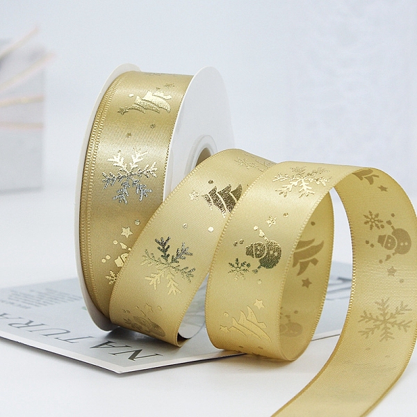 

PandaHall 22M Flat Christmas Snowflake Printed Polyester Satin Ribbons, Hot Stamping Ribbons, Pale Goldenrod, 1 inch(25mm), about 24.06...