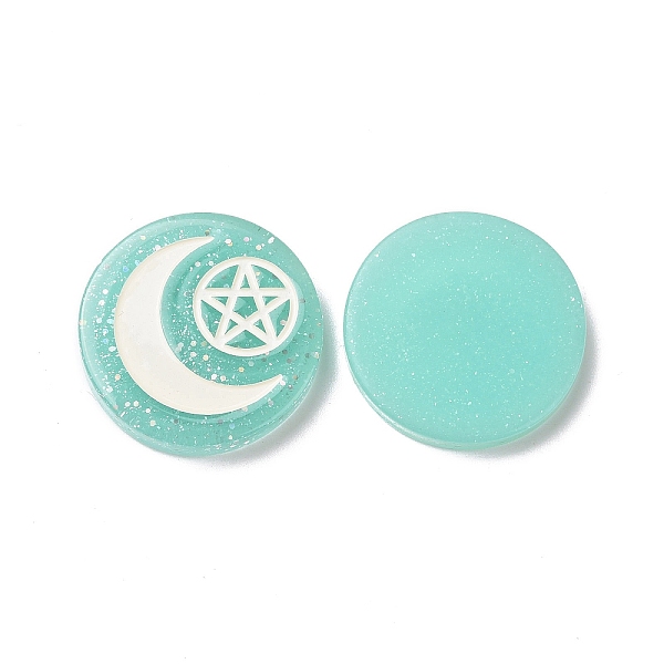

PandaHall Resin Cabochons, with Glitter Powder, Flat Round with Moon & Pentagram Pattern, Turquoise, 29x5.5mm Resin Moon Green