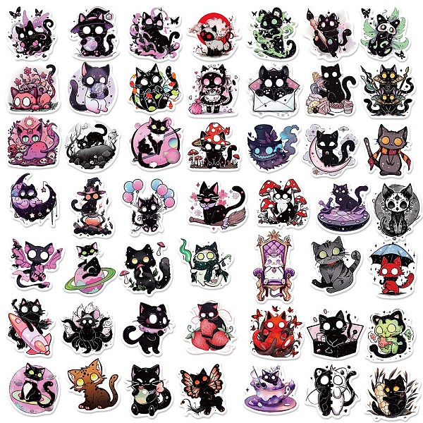 

PandaHall 50Pcs Black Cat PVC Waterproof Sticker Labels, Self-adhesion, for Suitcase, Skateboard, Refrigerator, Helmet, Mobile Phone Shell..., Multicolor