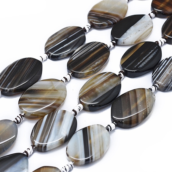 PandaHall Natural Banded Agate/Striped Agate Beads Strands, Dyed & Heated, Oval, Coffee, 28~31x20~21x5~6mm, Hole: 2~2.5mm, about...