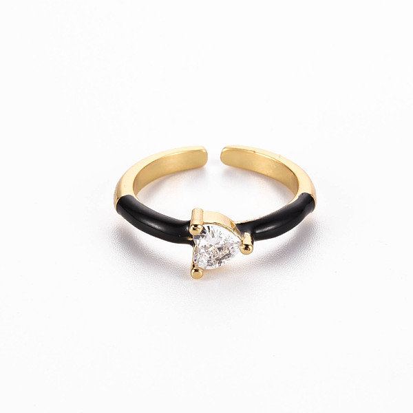 

PandaHall Brass Enamel Cuff Rings, Open Rings, Solitaire Rings, with Clear Cubic Zirconia, Nickel Free, Heart, Golden, Black, US Size 7...