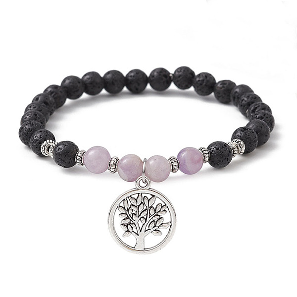 

PandaHall Natural Lava Rock & Natural Amethyst Gemstone Round Beaded Stretch Bracelet, with Alloy Tree of Life Charms, Inner Diameter: 2-1/2...