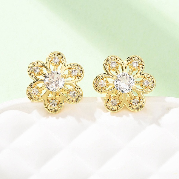 Boucles d'oreilles puces en laiton serties de micro-pavés de zirconiums cubiques en forme de fleur pour femmes