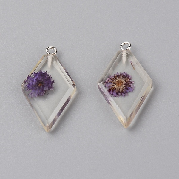 

PandaHall Transparent Clear Resin Pendants, with Dried Flower, Platinum Iron Loop, Rhombus, Purple, 32x18x4mm, Hole: 1.5mm, 2pcs/bag Resin...