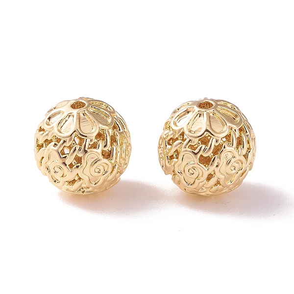 

PandaHall Brass Hollow Beads, Round with Flower, Golden, 8mm, Hole: 0.8mm Brass Round