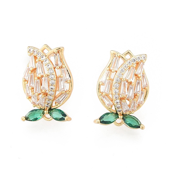 PandaHall Brass Cubic Zirconia Stud Earring Findings, with Horizontal Loops, Tuplip, Golden, Cadmium Free & Nickel Free & Lead Free, Green...