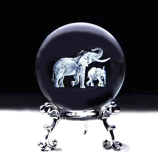 PandaHall Glass 3D Laser Engraved Elephant Crystal Ball with Metal Stand, for Home Desktop Decoration, Clear, 60mm Glass Round Clear