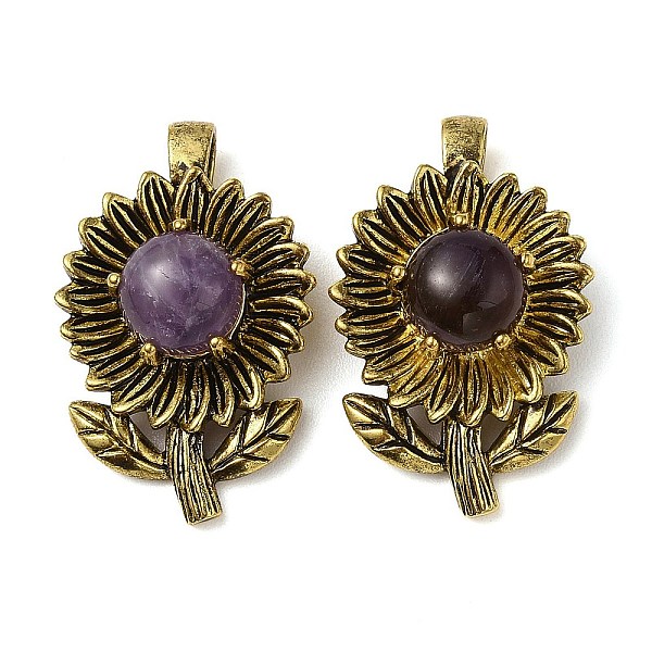 

PandaHall Natural Amethyst Pendants, with Rack Plating Antique Golden Tone Brass Findings, Cadmium Free & Lead Free, Flower Charms...