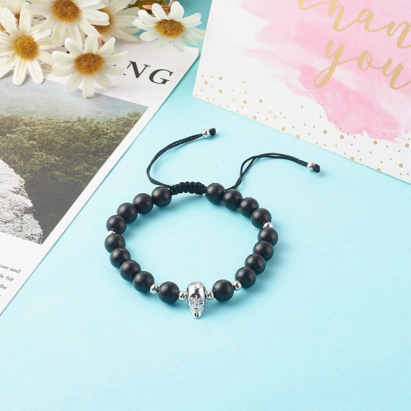 

PandaHall Natural Wood Beads Nylon Thread Braided Bead Bracelets, with Brass Micro Pave Cubic Zirconia Beads, Skull, Platinum, 3/8 inch...