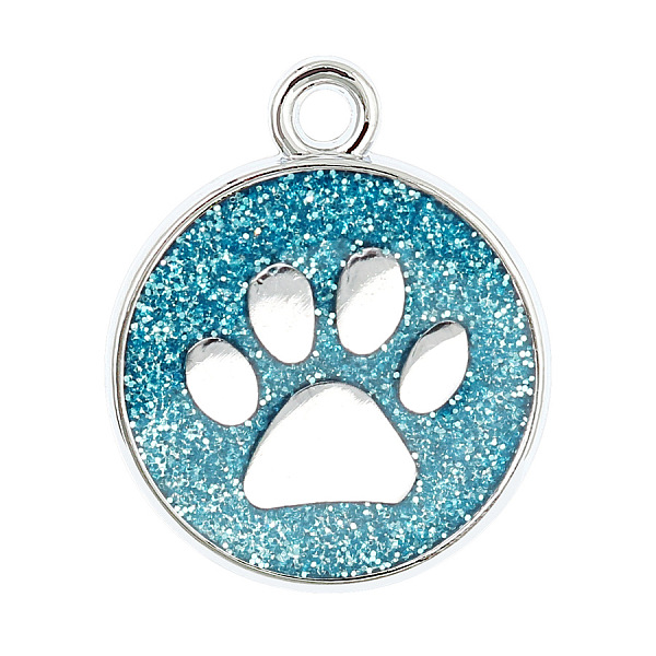 

PandaHall Enamel Charms, with Platinum Plated Alloy Findings and Glitter Powder, Flat Round with Dog Paw Prints, Sky Blue, 23x19x2.1mm, Hole...