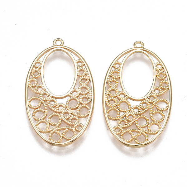

PandaHall Brass Filigree Pendants, Nickel Free, Real 18K Gold Plated, Oval, 28~29.5x16~17x1mm, Hole: 1.2mm Brass Oval
