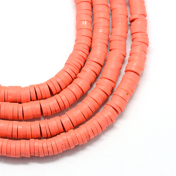 

PandaHall Handmade Polymer Clay Beads, Disc/Flat Round, Heishi Beads, Light Coral, 8x0.5~1mm, Hole: 2mm, about 380~400pcs/strand, 17.7 inch..., Red
