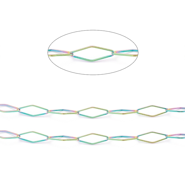 

PandaHall Ion Plating(IP) 304 Stainless Steel Link Chain, Rhombus, Soldered, Soldered, with Spool, Rainbow Color, 19.5x7x1mm, 16.4 Feet...