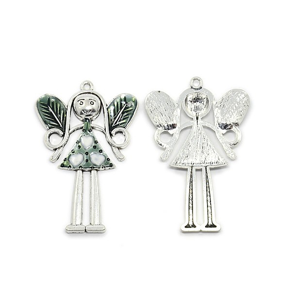 

PandaHall Fairy Antique Silver Tone Alloy Enamel Big Pendants, Dark Green & White, 80x53x6mm, Hole: 3mm Alloy+Enamel Angel & Fairy