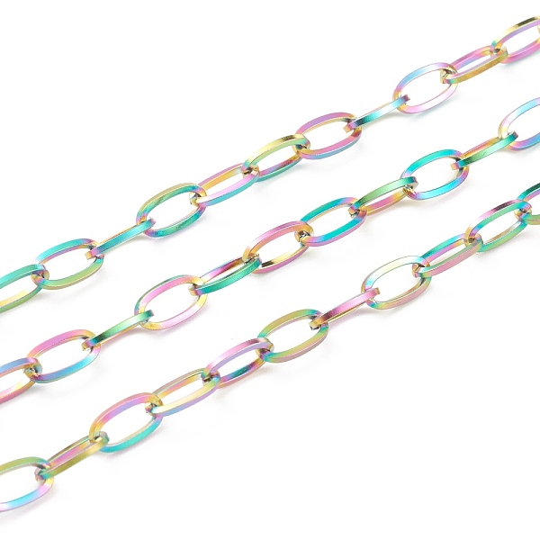 

PandaHall Ion Plating(IP) 304 Stainless Steel Cable Chain, Unwelded, with Spool, Flat Oval, Rainbow Color, 10x5.5x1mm, 32.8 Feet(10m)/roll...
