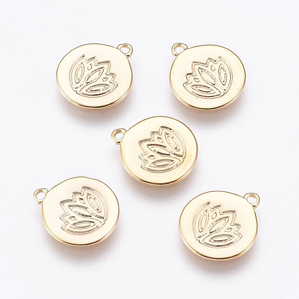 

PandaHall Brass Charms, Flat Round with Flower, Nickel Free, Real 18K Gold Plated, 11.5x10x1mm, Hole: 1mm Brass Flat Round