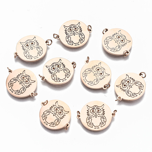 

PandaHall 304 Stainless Steel Links Connectors, with Jump Rings, Laser Cut, Flat Round with Owl Pattern, Rose Gold, 14x17x1mm, Jump Ring...