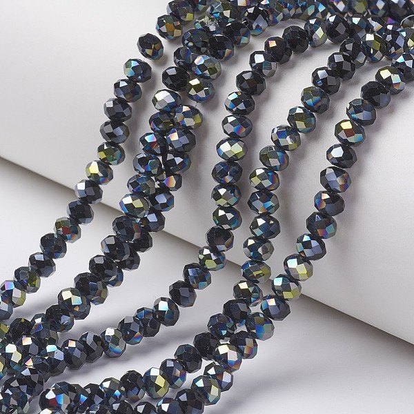 

PandaHall Electroplate Opaque Glass Beads Strands, Half Green Plated, Faceted, Rondelle, Black, 4x3mm, Hole: 0.4mm, about 113~115pcs/strand...