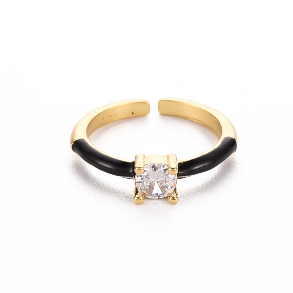 

PandaHall Brass Enamel Cuff Rings, Open Rings, Solitaire Rings, with Clear Cubic Zirconia, Nickel Free, Flat Round, Golden, Black, US Size 7...