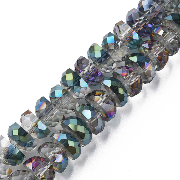 

PandaHall Electroplate Transparent Glass Beads Strands, Half Plated, Faceted, Half Round, Teal, 9x5mm, Hole: 1.6mm, about 75pcs/strand..., Cyan