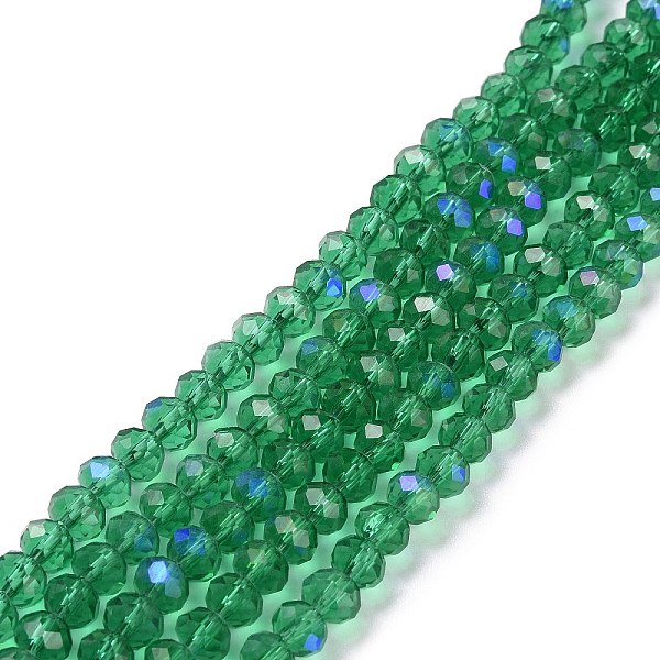 

PandaHall Electroplate Glass Beads Strands, Half Rainbow Plated, Faceted, Rondelle, Dark Cyan, 4x3mm, Hole: 0.4mm, about 123~127pcs/strand...