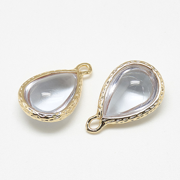 

PandaHall Glass Pendants, with Golden Tone Brass Findings, teardrop, Clear, 18.5x12.5x7mm, Hole: 1.5mm Brass+Glass Teardrop Clear