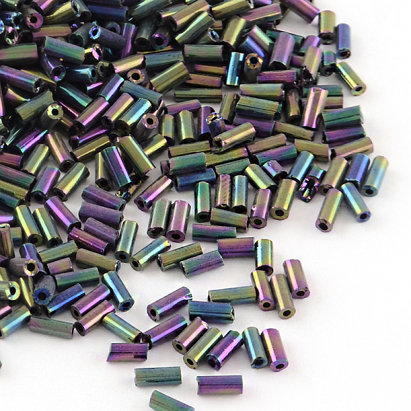 

PandaHall Plated Glass Bugle Beads, Iris, Purple Plated, 4~4.5x2mm, Hole: 1mm, about 450g/bag, 14000pcs/bag Glass
