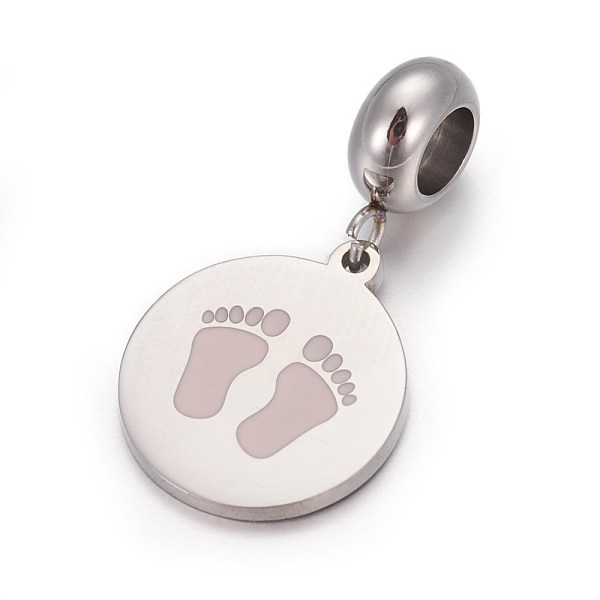 

PandaHall 304 Stainless Steel European Dangle Charms, with Enamel, Large Hole Pendants, Flat Round with Baby Feet, Stainless Steel Color..., Pink