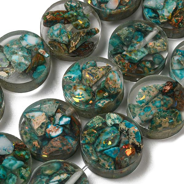 

PandaHall Dyed Natural Imperial Jasper with Resin Beads Strands, Flat Round, Dark Cyan, 16x5.5~7mm, Hole: 1.2mm, about 11pcs/strand, 6.93...