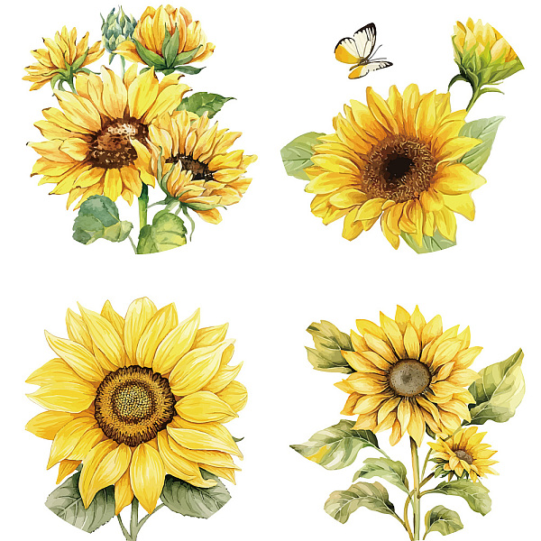 

PandaHall PVC Window Sticker, Flat Round Shape, for Window or Stairway Home Decoration, Sunflower, 160x160x0.3mm, 4pcs/set PVC Flower