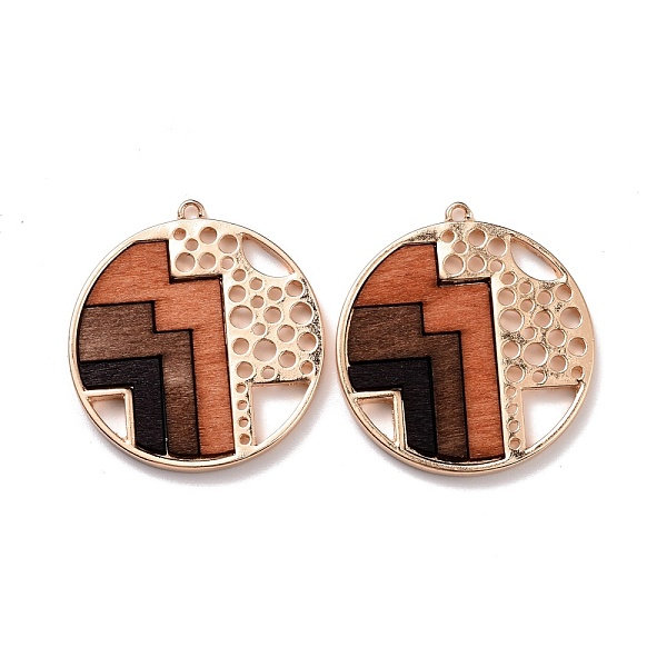

PandaHall Alloy Pendants, with Dyed Wood, Flat Round with Geometric Pattern, Light Gold, 38x35x2.5mm, Hole: 1.8mm Alloy Flat Round Brown