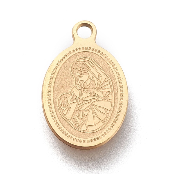 

PandaHall Ion Plating(IP) 304 Stainless Steel Charms, Laser Cut, Oval with Virgin Mary & Divine Child, Golden, 14.5x9x0.5mm, Hole: 1.2mm 304...