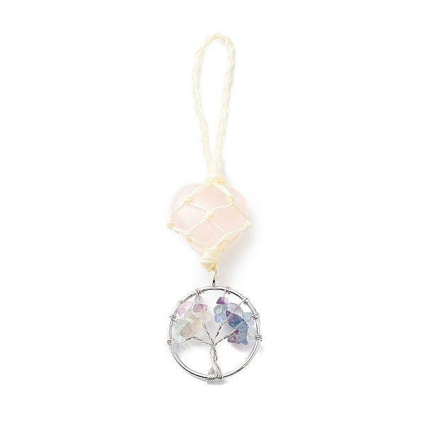 

PandaHall Heart Natural Rose Quartz Pendant Decoration, with Natural Fluorite Chips and Alloy Findings, Tree of Life, 130x30mm Fluorite...