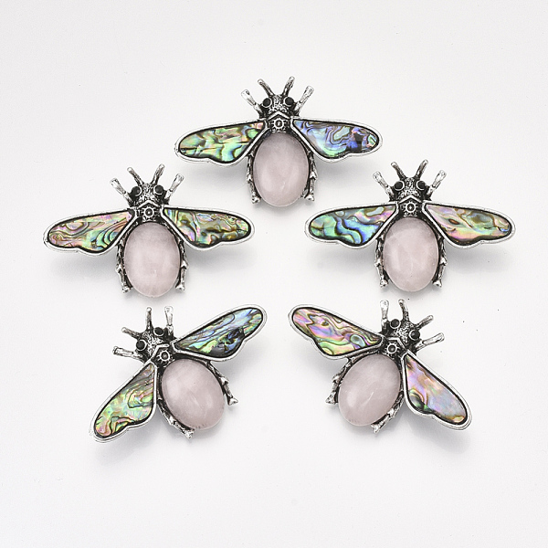

PandaHall Natural Rose Quartz Brooches/Pendants, with Rhinestone and Alloy Findings, Abalone Shell/Paua Shelland Resin Bottom, Bee, Antique..., Black