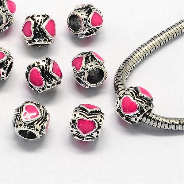 PandaHall Enamel Alloy European Beads, Large Hole Beads, Drum, Antique Silver, Camellia, 9x8mm, Hole: 4.5mm Alloy+Enamel Drum Pink