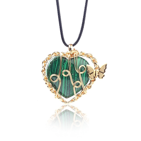 

PandaHall Synthetic Malachite Metal Wire Wrapped Heart Pendants, Golden Plated Butterfly Charms, 42x37mm Malachite Heart