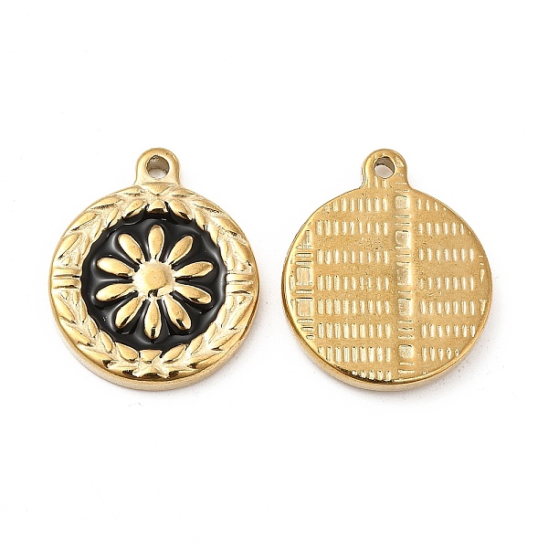 

PandaHall Vacuum Plating 201 Stainless Steel Enamel Pendants, Real 18K Gold Plated, Flat Round with Flower Charm, Black, 22x13x3.5mm, Hole...