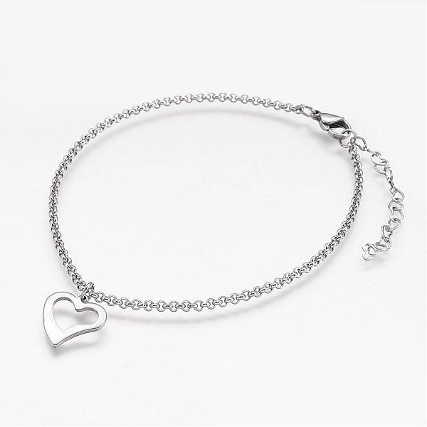 

PandaHall 304 Stainless Steel Anklets, with Heart Charm and Rolo Chains, Stainless Steel Color, 232x2mm Stainless Steel