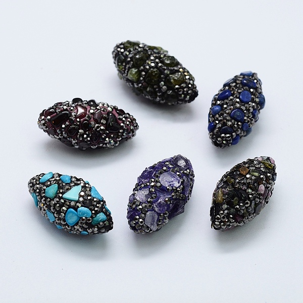

PandaHall Polymer Clay Rhinestone Beads, with Natural Gemstone Chip Beads, Oval, 30~32x15~16mm, Hole: 1mm Mixed Stone Oval Multicolor